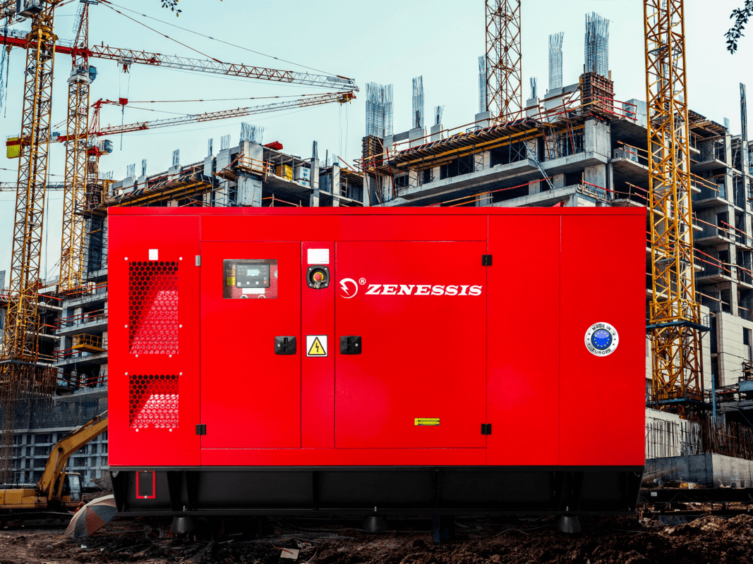 Generator diesel ZENESSIS de mare putere instalat pe un șantier de construcții, în fața unei clădiri aflate în lucru, cu macarale în fundal.