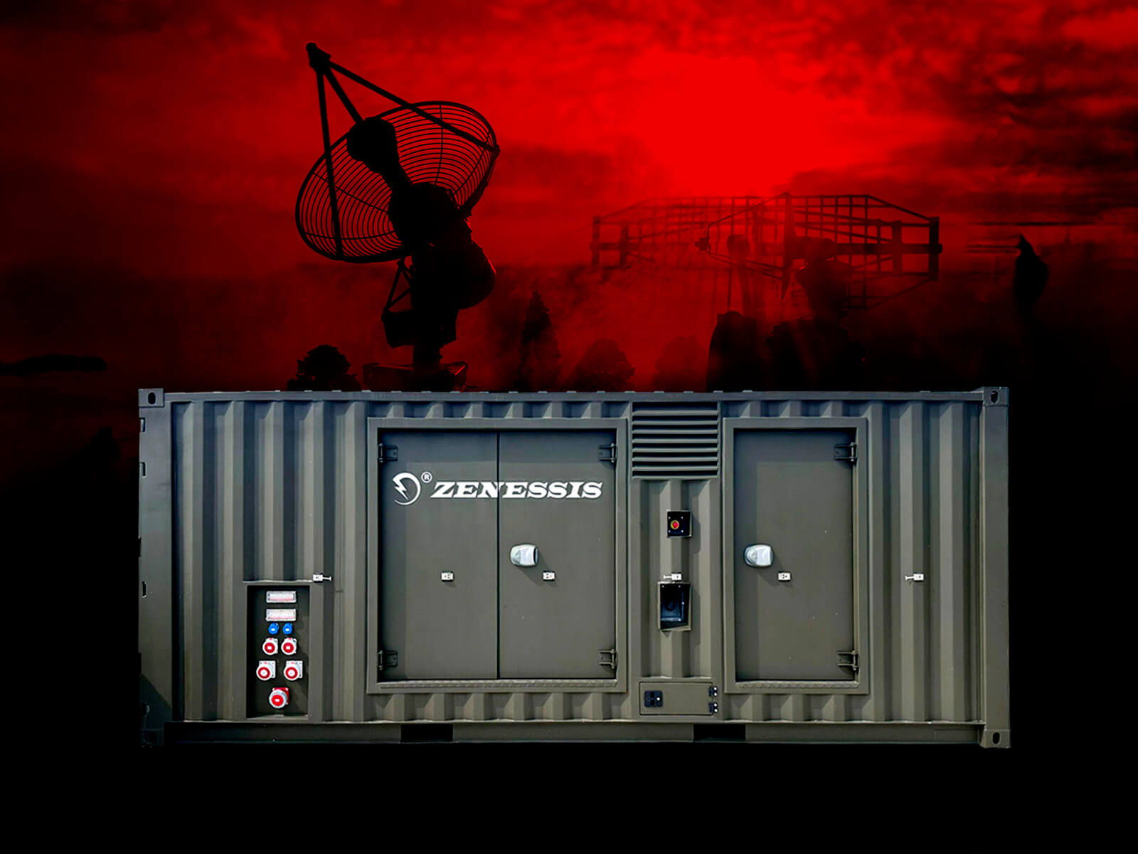 A Zenessis generator placed in front of a dramatic, fiery red sky with silhouettes of military-like figures and equipment in the background. The generator, housed in a military-style container, has visible branding and control panels. The overall scene gives a strong, intense vibe, evoking a sense of power.